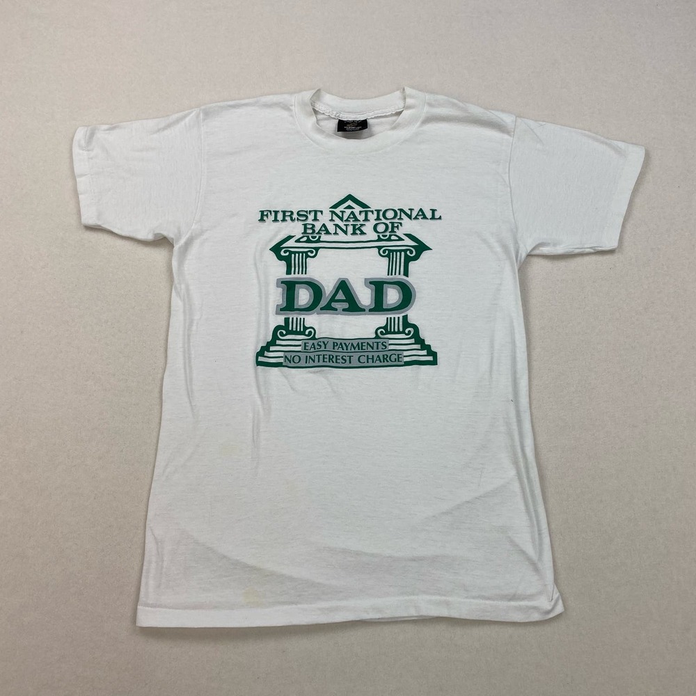 Vintage First National Bank of Dad T Shirt Size Large White Single Stitch Funny